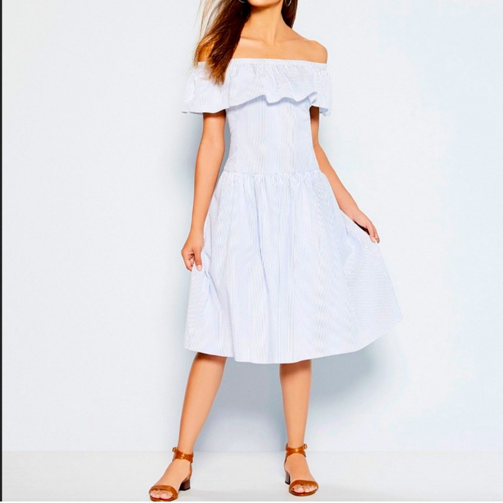 LAUREN RL, STRIPED OFF-THE-SHOULDER DRESS IN WHITE/BLUE, Size 12, NEW w/ Tags